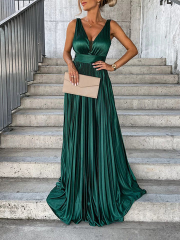 Woochic maxi robe longue unicolore fluide décolleté plongeant décolleté dos bretelle sans manches élégant de soirée Vert emeraude S